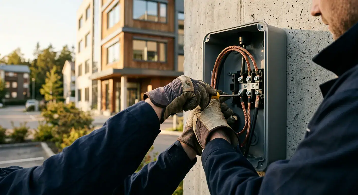 Elektriker installerer eller vedlikeholder elektriske koblinger utendørs, med fokus på sikkerhet og kvalitet, i et moderne boligområde.