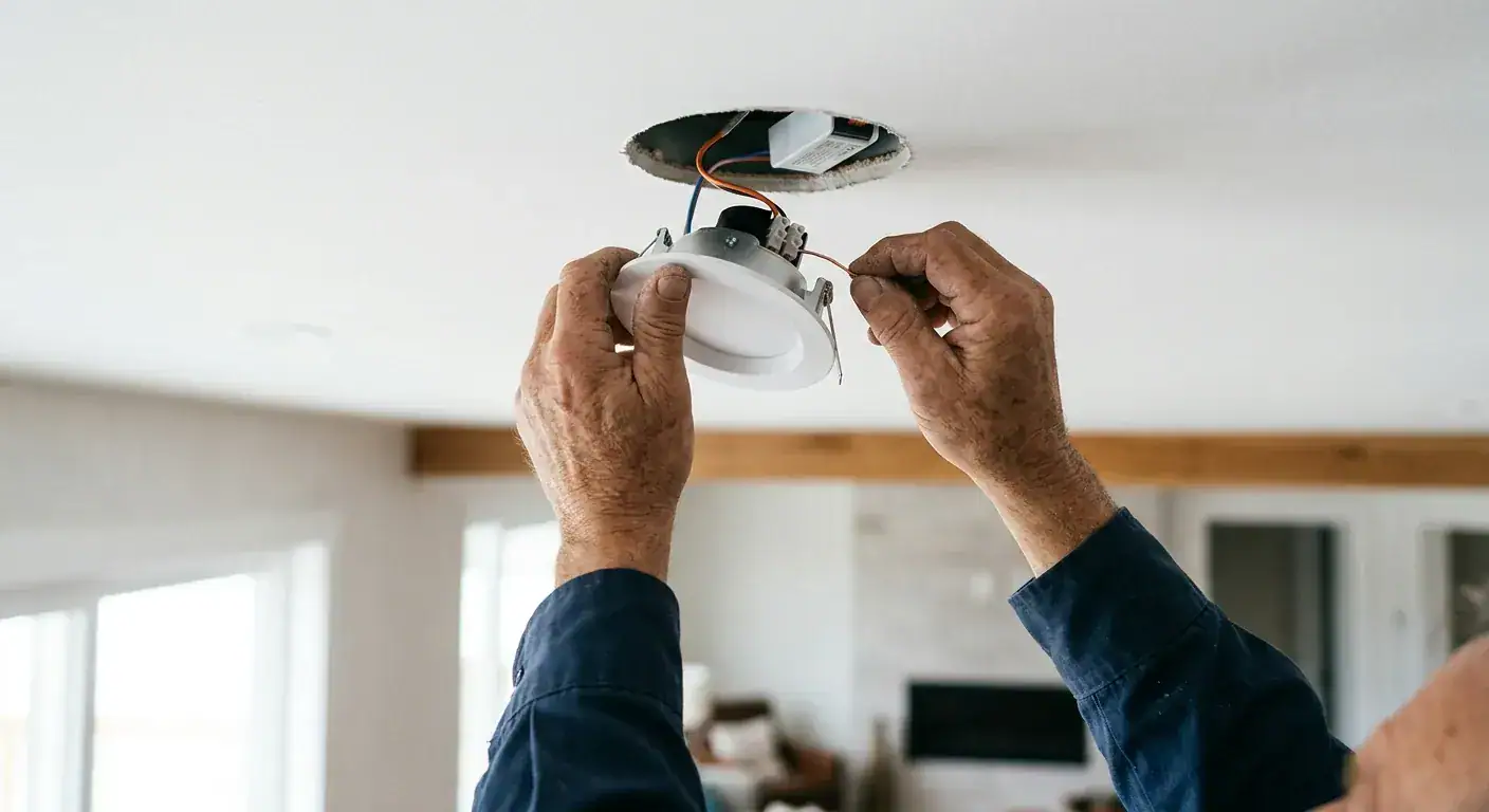 Elektriker installerer taklampe i et moderne hjem, med fokus på elektrisk arbeid og belysning. Profesjonell elektriker sikrer trygg og riktig installasjon.