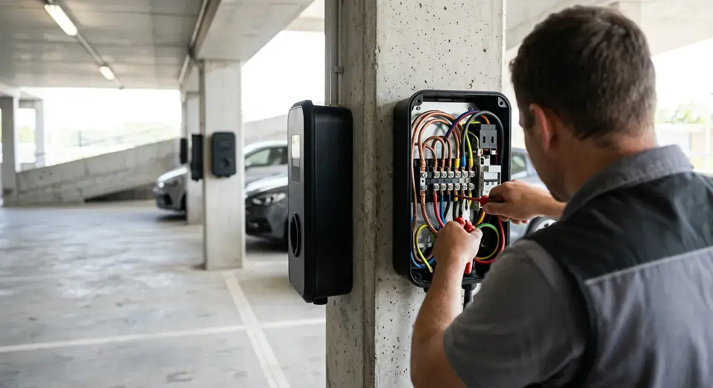En profesjonell installasjon av several ladebokser på rad på en moderne parkeringsplass tilknyttet et næringsbygg