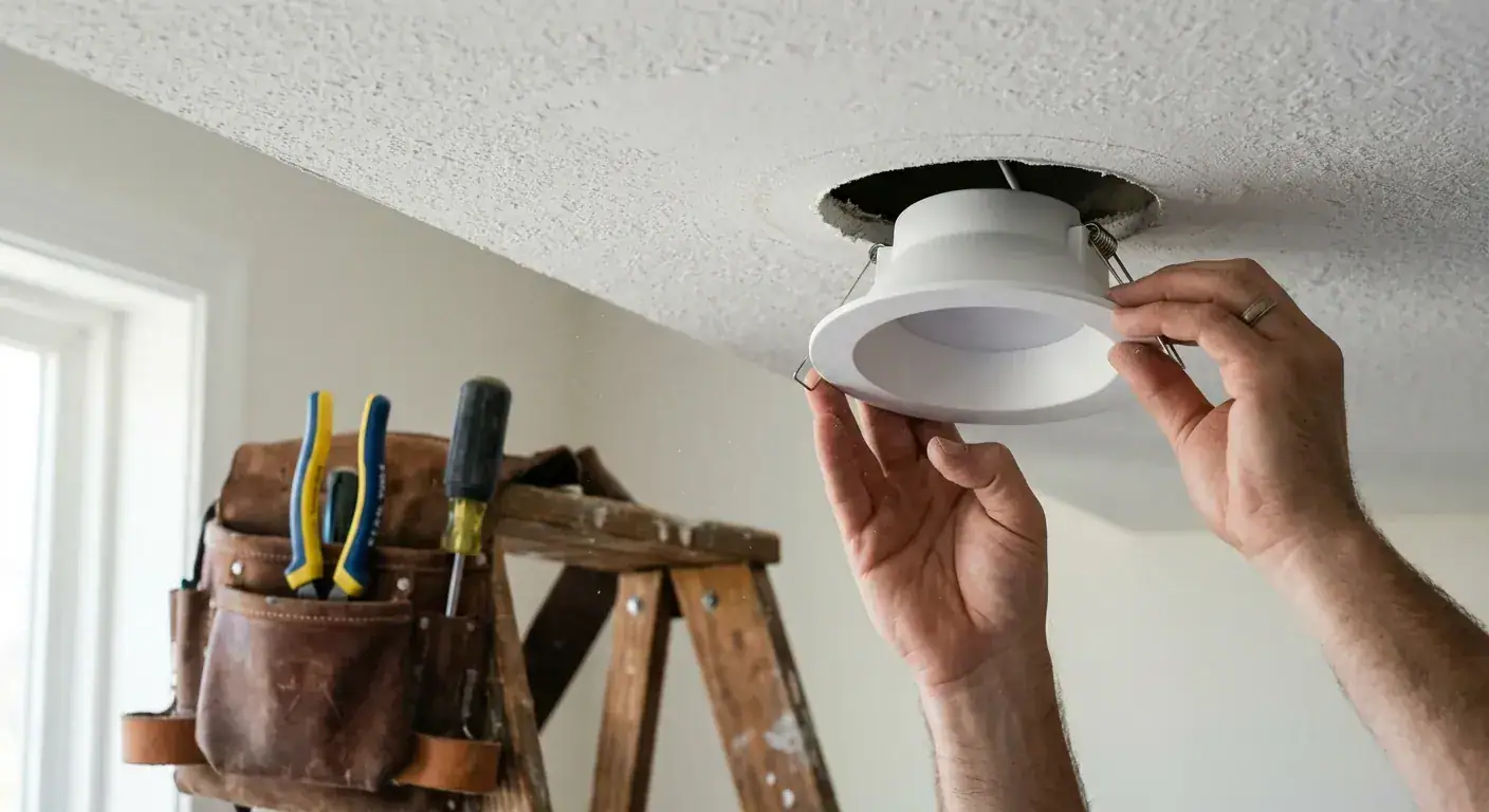 Elektriker installerer taklys i et rom, med verktøy og stige i bakgrunnen, for optimal belysning og elektrisk sikkerhet.